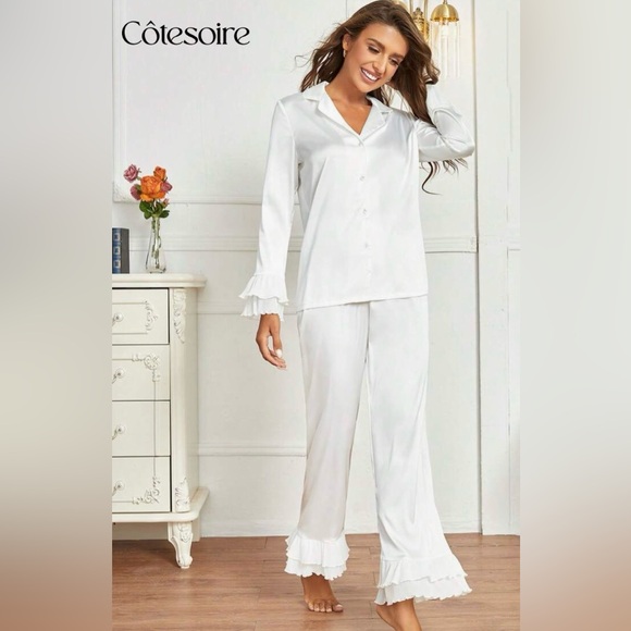 Satin Blouse Ruffle Flutter Hem PJ Set - Picture 4 of 8